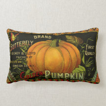 Vintage Product Label Art; Butterfly Brand Pumpkin Throw Pillows