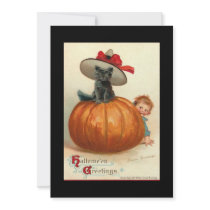Vintage Pumpkin Kitty Halloween Invitation