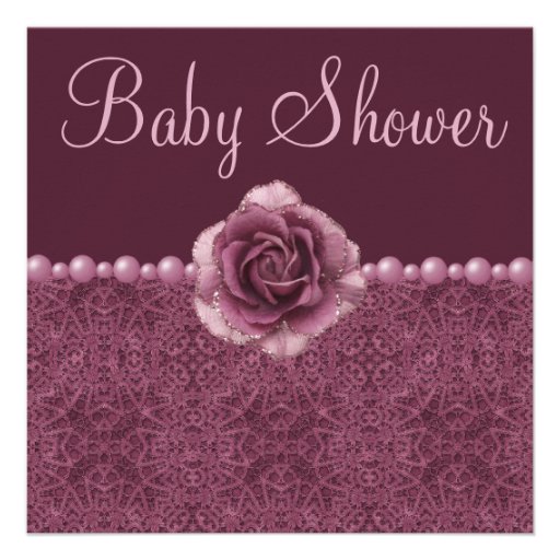 Vintage Purple Baby Shower Roses, Pearls & Lace Invitations