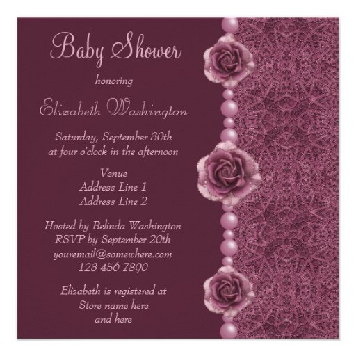 Vintage Purple Baby Shower Roses, Pearls & Lace Invitations