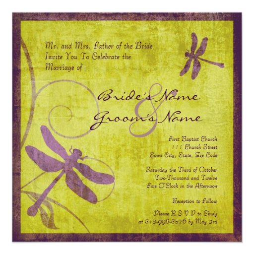 Vintage Purple Dragonfly Wedding Invitation