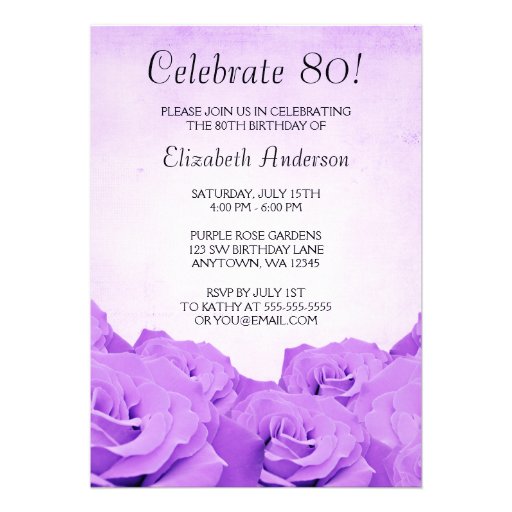 Vintage Purple Roses 80th Birthday Party Custom Invite