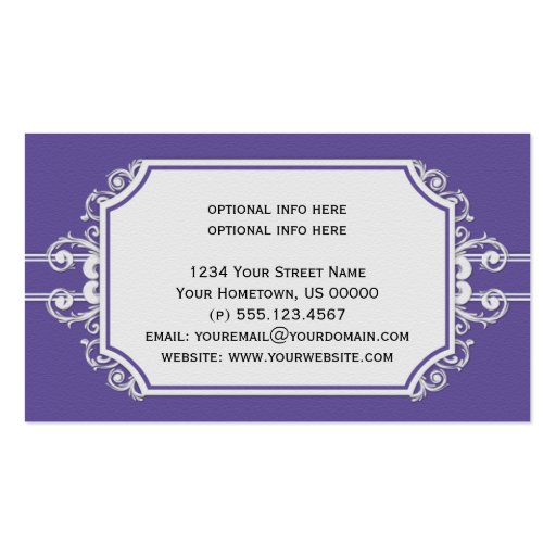 Vintage Purple White Swirls Business Card Templates (back side)