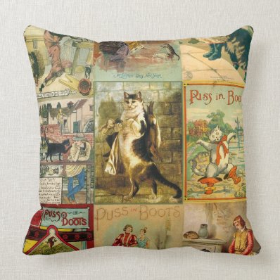 Vintage Puss in Boots Christmas Montage Pillows