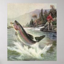 Vintage Rainbow Trout and Fisherman Print
