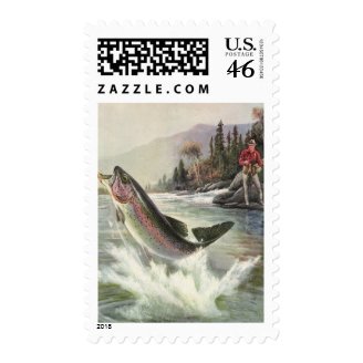 Vintage Rainbow Trout Fish Fisherman Fishing Postage