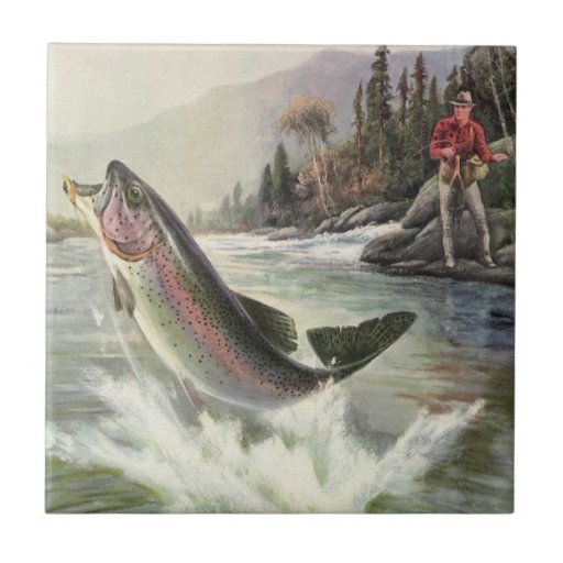 Vintage Rainbow Trout  Fish Fisherman Fishing Ceramic Tiles