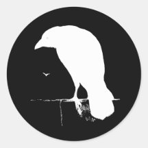 Vintage Raven Silhouette White on Black - Custom Round Sticker