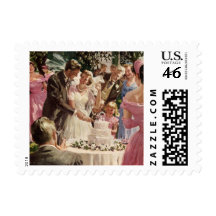 Vintage Reception Bride Groom Newlyweds Cut Cake Postage