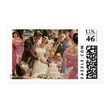 Vintage Reception Bride Groom Newlyweds Cut Cake Postage