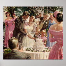 Vintage Reception Bride Groom Newlyweds Cut Cake Poster