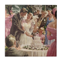 Vintage Reception Bride Groom Newlyweds Cut Cake Ceramic Tile