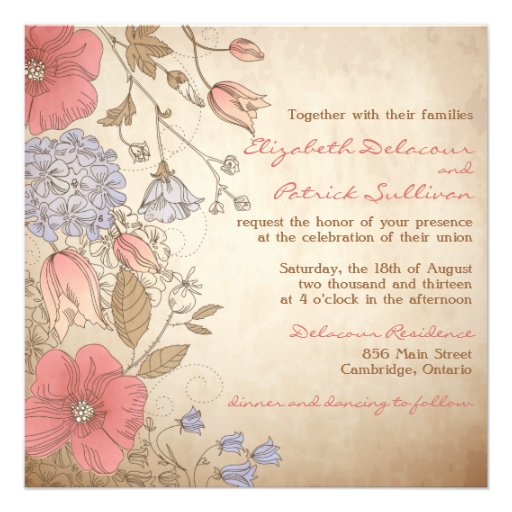 Vintage Red and Purple Flowers Wedding Invitation