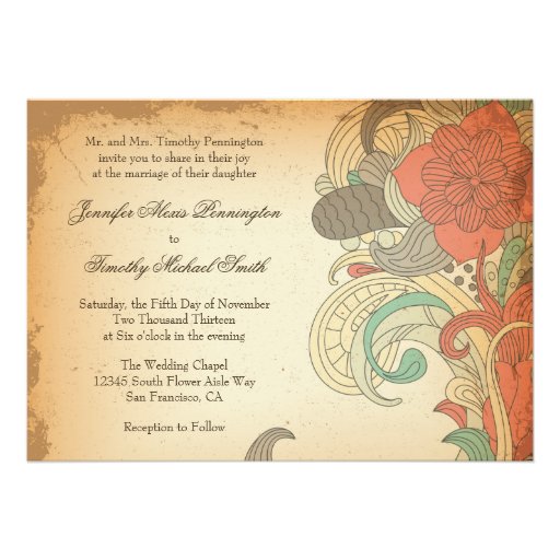 Vintage red brown floral swirls wedding invitation