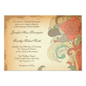 Vintage red brown floral swirls wedding invitation 5