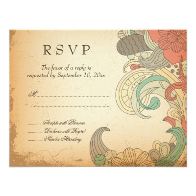 Vintage red brown floral swirls wedding RSVP card Personalized Invitation