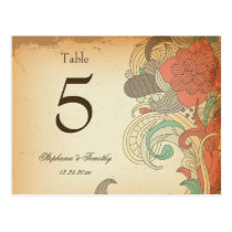 Vintage red brown floral wedding table number post cards