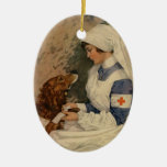 Vintage Red Cross Nurse with Golden Retriever Christmas Tree Ornament