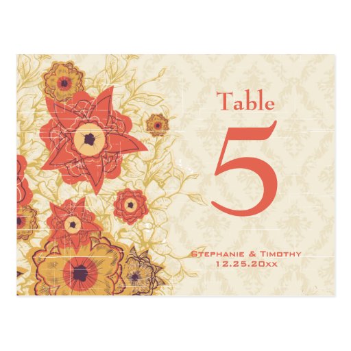 Vintage red gold poppy flower wedding table number post cards