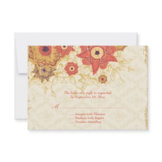 Vintage red gold poppy flowers wedding RSVP card invitation