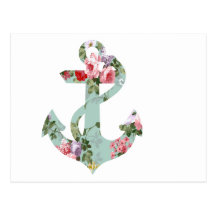 Vintage Red Pink Green Floral Pattern Anchor Postcard