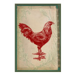 Vintage Red Rooster Shabby Chic Grunge Chicken Print