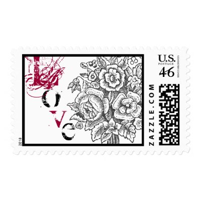 Vintage Red White Black Rose Bouquet Lace Love stamp