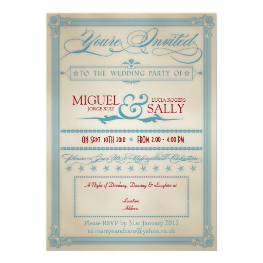 Vintage Red White & Blue Wedding Evening-Only Personalized Invites