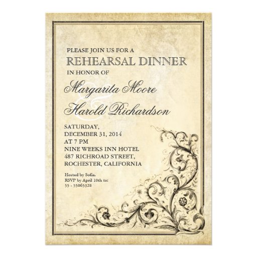 Vintage rehearsal dinner invite flourish swirls