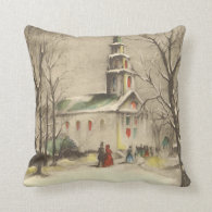Vintage Religion, Church in Winter Snowscape Throw Pillows