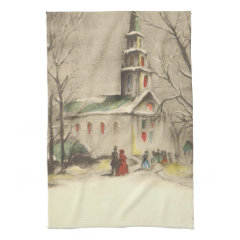Vintage Religious Christmas, Church, Snow, Winter Kitchen Towel
