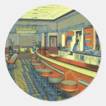 Vintage Restaurant, Roadside Diner Interior Round Stickers