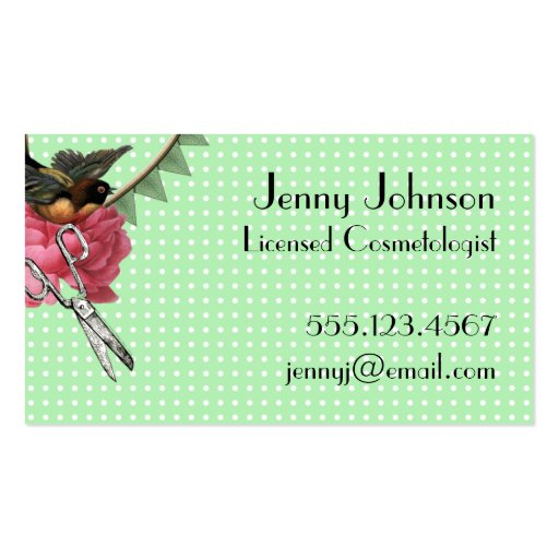 vintage retro cosmetologist hair stylist rose mint business card (back side)