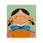 Vintage Retro Girl Knitting Postcard