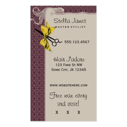 vintage retro hairstylist purple bow girly sweet business card (back side)