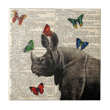 Vintage Rhinoceros Butterflies Ceramic Tile
