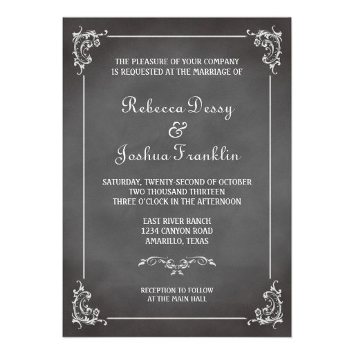 Vintage romantic gray chalkboard scroll wedding custom invite