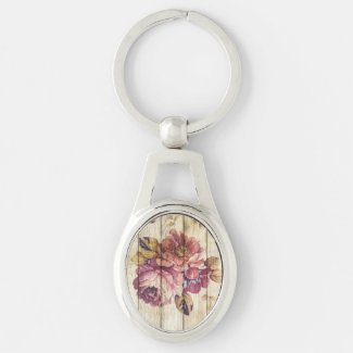 Vintage Romantic Roses on Wooden Wall Keychain
