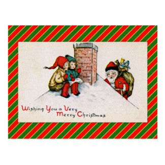 Vintage Rooftop Santa and Children Post Card