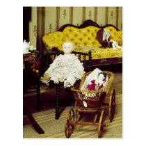 Vintage room with dolls and wicker pram postcard