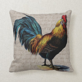 Vintage Rooster and Antique Text Collage - Custom Pillow