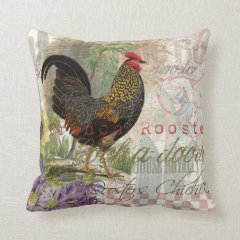 Vintage Rooster French Collage Throw Pillow