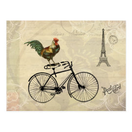 Vintage Rooster Riding a Bike by the Eiffel Tower Postcards