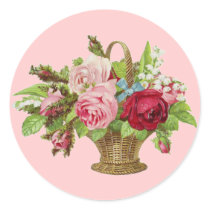 Vintage Rose Flower Basket Round Sticker