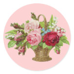 Vintage Rose Flower Basket Round Sticker
