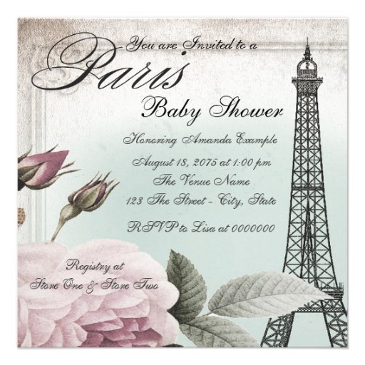 Vintage Rose Tower Paris Baby Shower Invitations