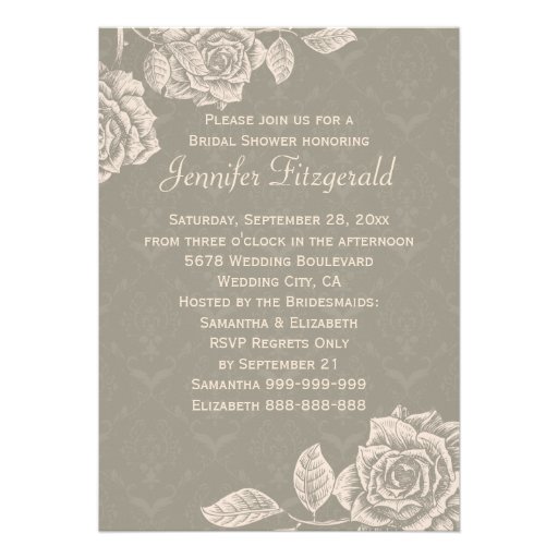 Vintage Roses Cream on Dusty Gray Bridal Shower Announcements