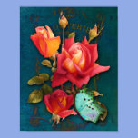 Vintage Roses, duo tone orange with aqua butterfly posters