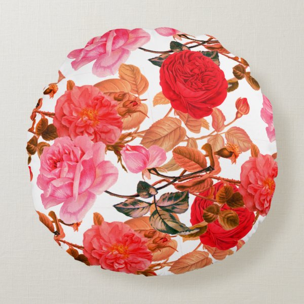 Vintage Roses on White Round Cushion Round Pillow