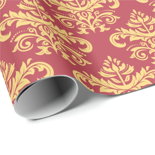 Vintage Ruby Red Gold Damask Pattern Wrapping Paper 3/4